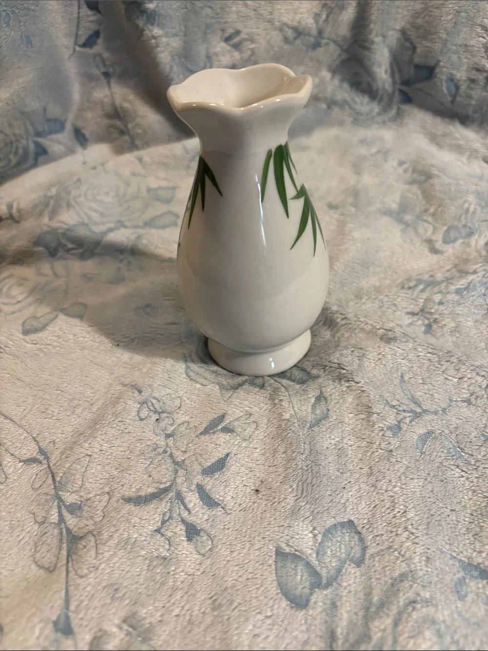 White Ceramic Vase with Green Bamboo Motif